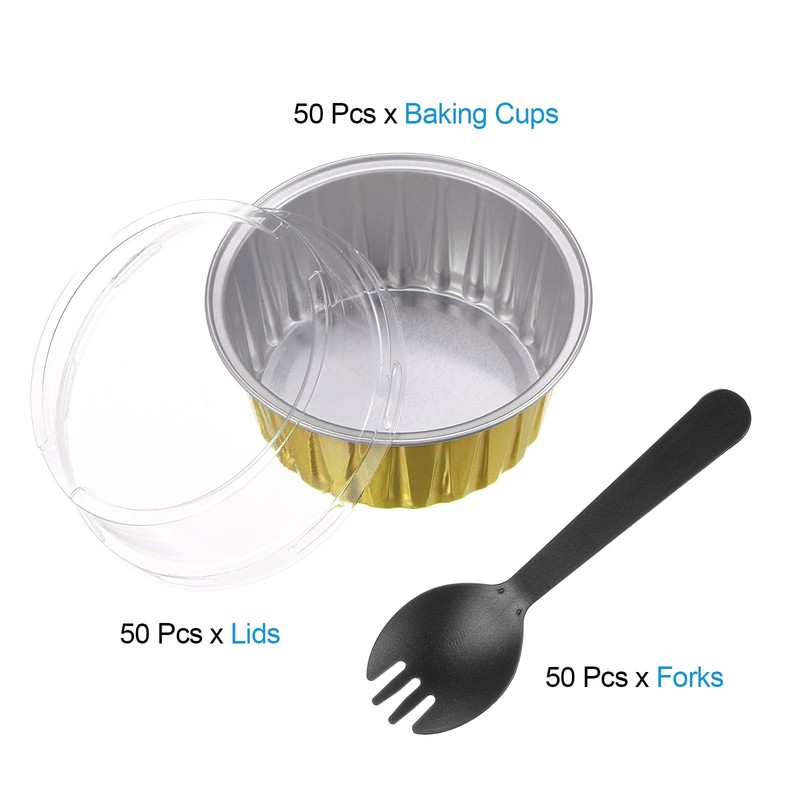 50pcs Cupcake Liners 5oz Aluminum Foil Baking Cups with Lids Forks, Golden gallery