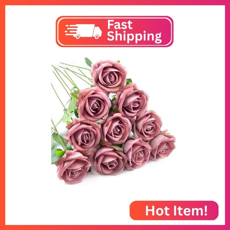 DECEED 10 PCS Artificial Roses with Long Stems Silk Flowers Realistic Foam Flowe