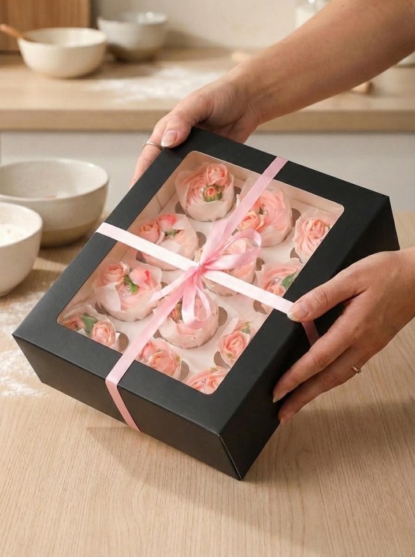6 PCS 13x10x3.5 Inch Black 12 Cupcake Containers Carrier Bakery Boxes Window gallery