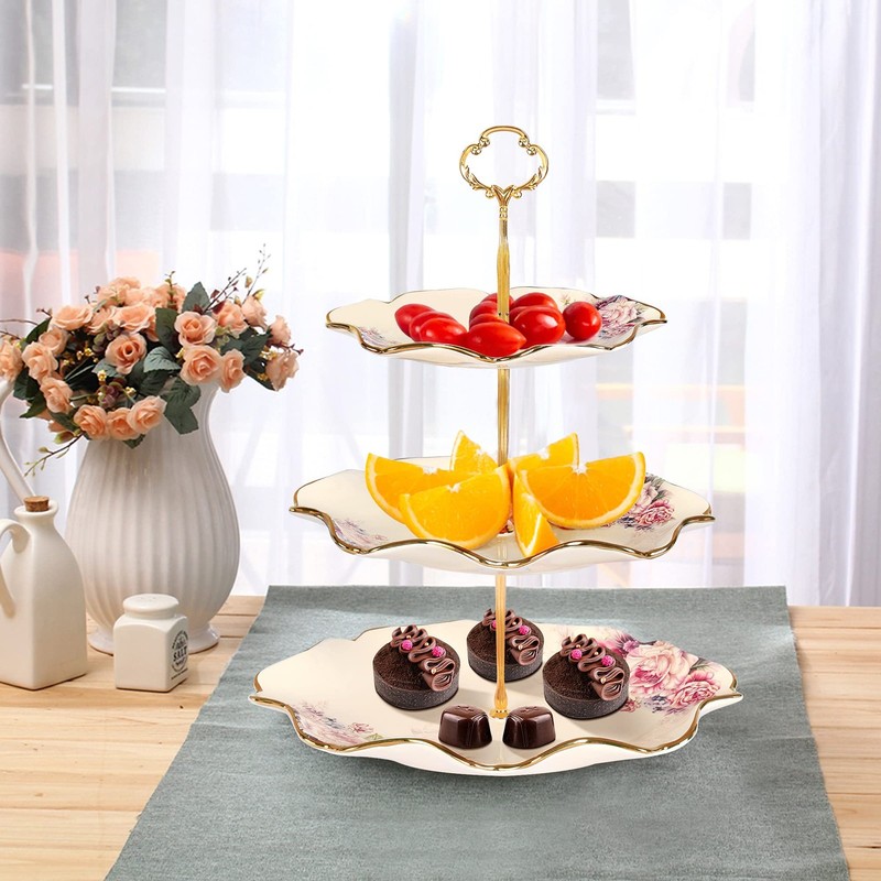 3-Tier Floral Royal Cupcake Stand, Vintage Fruit Plate with Gold Trim, Desser... gallery