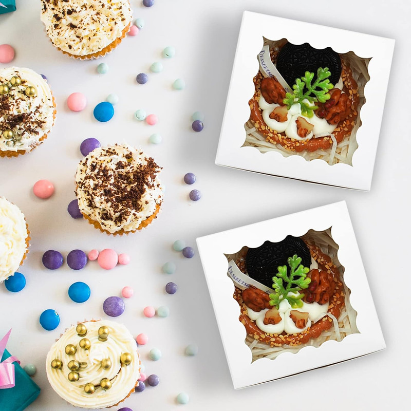 50Pcs Cookie Boxes 4X4X2.5 Inch Bakery Boxes with Window Treat Box Dessert Box f gallery