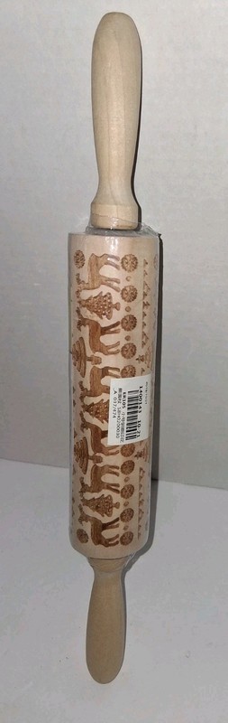 Rolling Pin Natural Wood Christmas Tree & Deer Embossed 14" Long NEW gallery