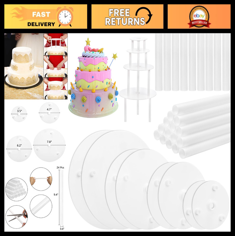 24 Cake Dowel Rods & 8 Separator Plates for Tiered Cakes – Support Stacking, 4-1