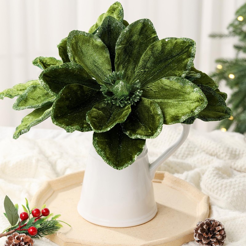Thiccywoov 8 Large Christmas Magnolia Flowers Tree Decoration 12" Green Velvet gallery