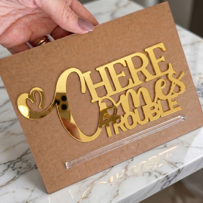 Here Comes Trouble Cake Topper Acrylic 3mm Thick and Classy - 6" & 3.23" gallery