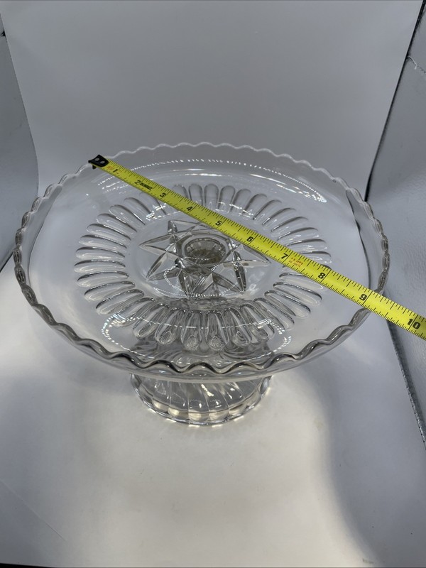 Cake Stand Glass UNK Brand 9 Inch Diameter 8 Point Star Scalloped Edge Accented gallery