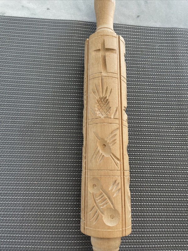 VTG German Springerle Rolling Wooden Pin 16 Cookie Molds Folks Art Animals Flora gallery