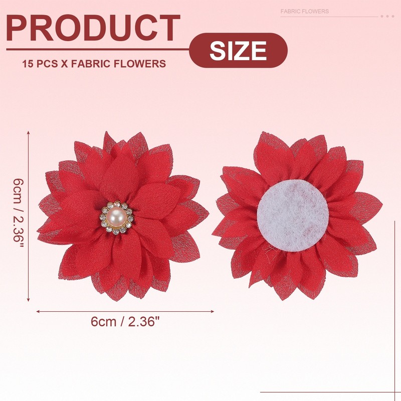 15Pcs 2" Fabric Flowers Rhinestone Pearls Sewing Fabric Flower Red gallery