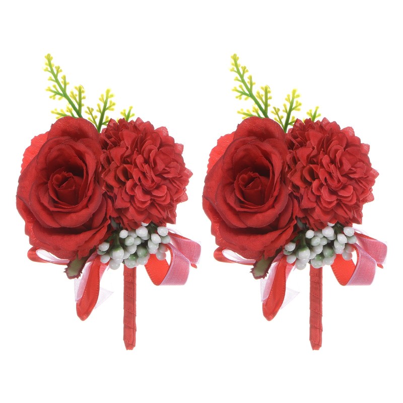 2-Pack Boutonnieres for Men, Artificial Rose Men Boutonnieres [Red]