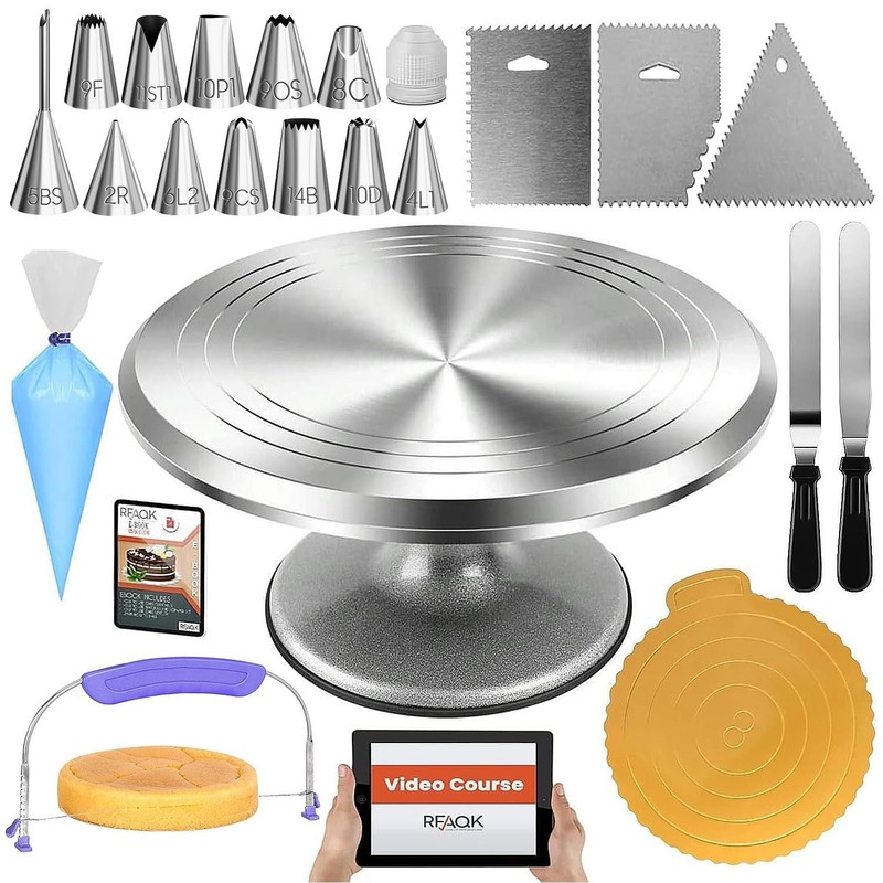 50PC Cake Decorating Supplies Kit - 12" Rotating Turntable, Leveler, Spatulas & gallery