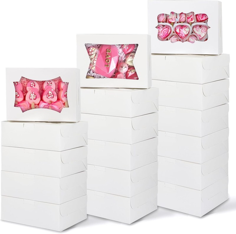 TOMNK 30pcs Cookie Boxes, 8x6x2.5 Inches 3 Style Windows Treat Boxes with Window