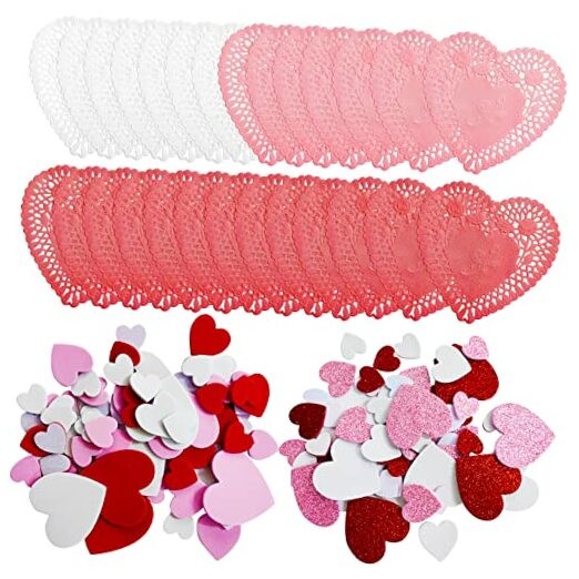 100 PCS Heart Doilies,2 Bags Foam Heart Stickers,Valentines Day Crafts Set for