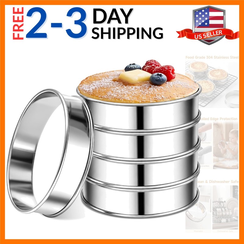 4 Inch English Muffin Rings, 5 Pack Stainless Steel Crumpet Rings with Double…