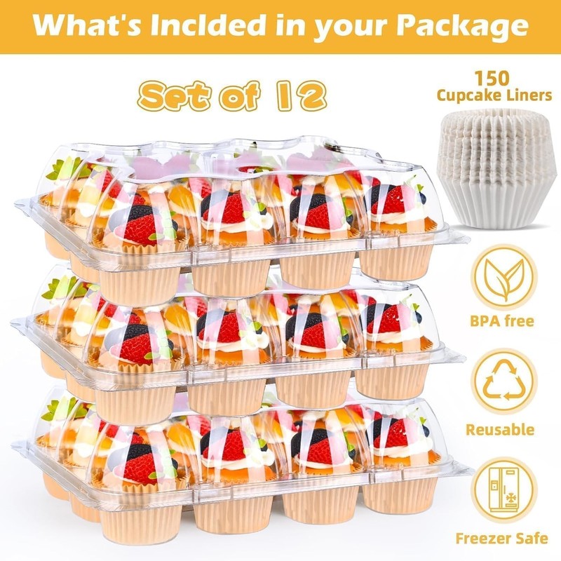 Plastic Cupcake Containers 12 Count (12 Sets), Stackable Cupcake Boxes Holders w gallery
