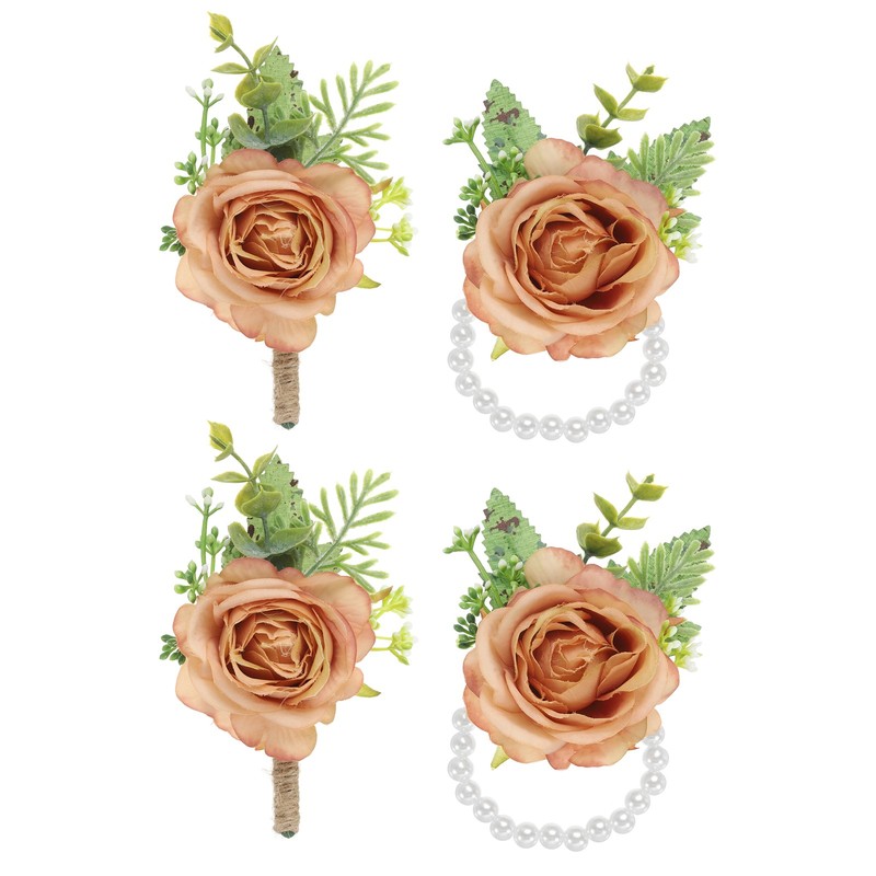 4 Pcs Rose Wrist Corsage and Boutonnieres Set, Wedding Flower Wristlet Coffee