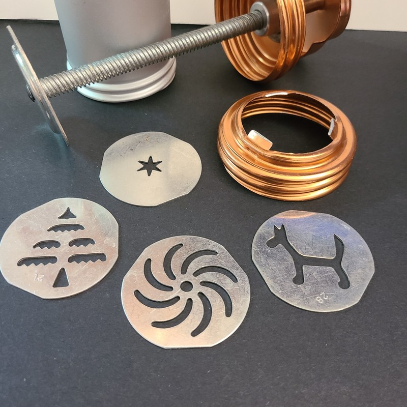 Vintage Mirro Cookie Pastry Cooky Press Aluminum 4 Decorator Discs Tree Dog Star gallery