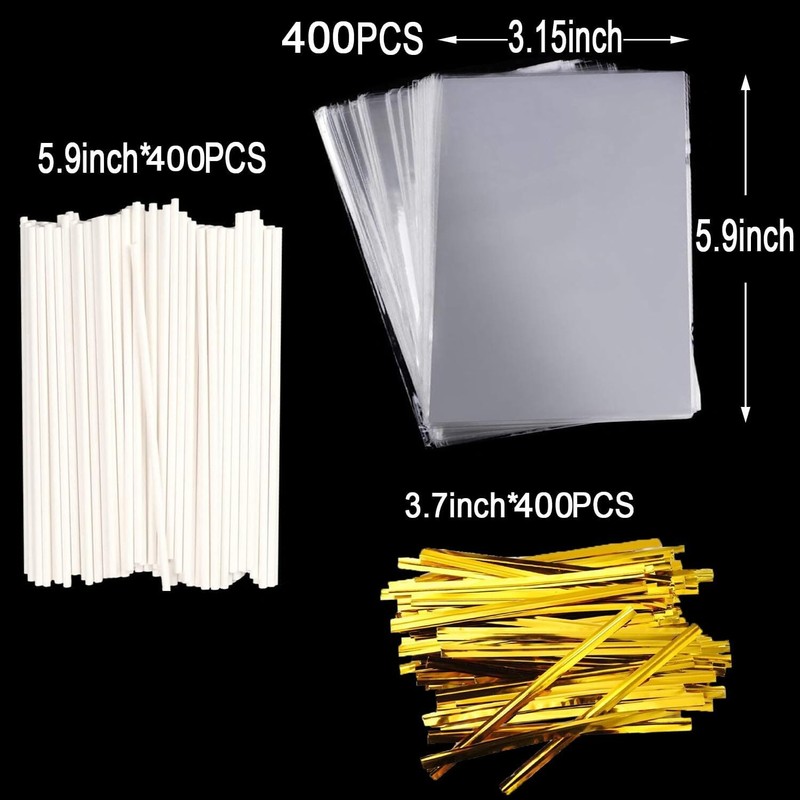1200PCS Cake Pop Treat Bag Set: 400 Bags, Sticks & Gold Twist Ties Included gallery