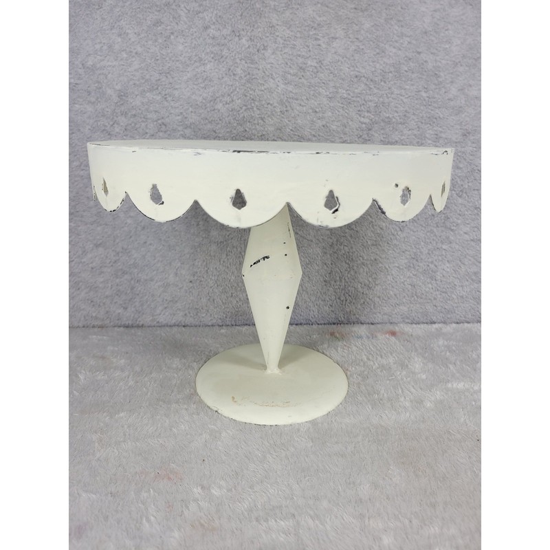 Vintage White Galvanized Steel Cake Stand Pedestal W/ Scalloped Edge 11″