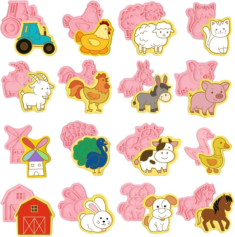 16 Pcs Farm Animal Cookie Cutters with Plunger Stamps Set, Farm Animal