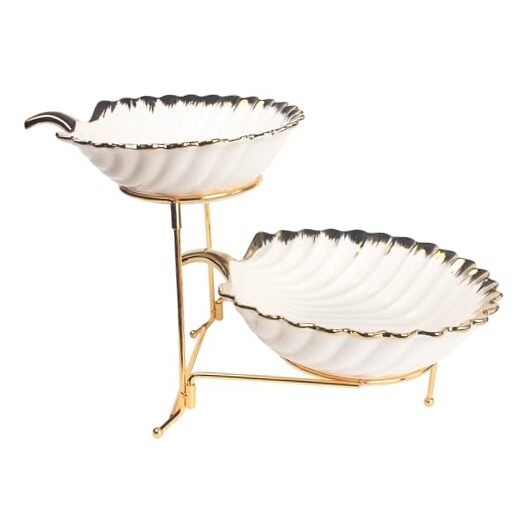2-Tier Serving Rack with Ceramic Serving Bowls, Foldable Gold Stand with 2