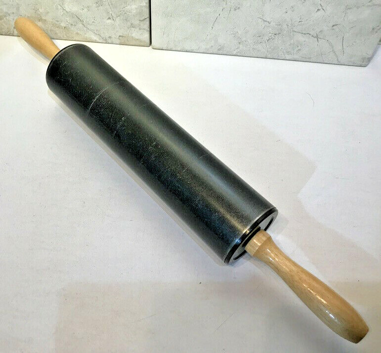 2 1/4″ Rolling Pin Black Metal w Clear Silicone 10″ Roller Area 4″ Wood Handles