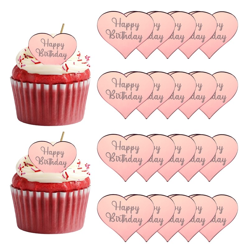 20Pcs Acrylic Mirror Happy Birthday Cupcake Toppers Heart Shapes, 004-Rose Gold