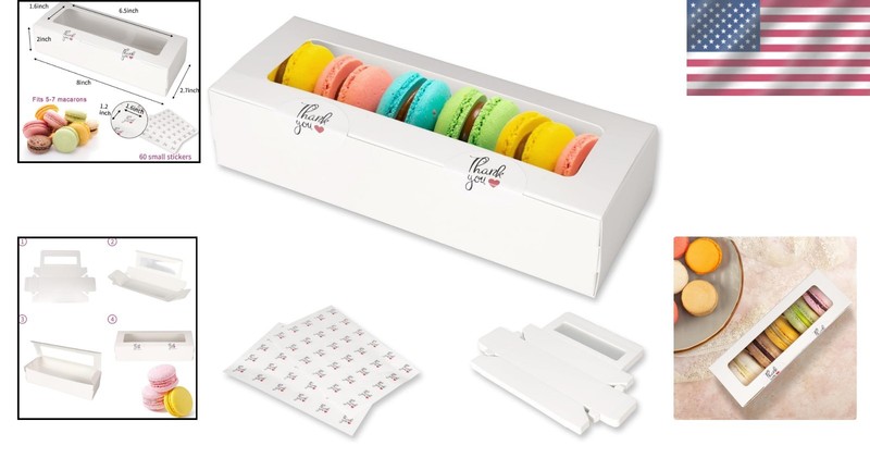 30 Pack White Macaron Boxes for 5-7 Macarons with Stickers - Perfect for Gifts! gallery