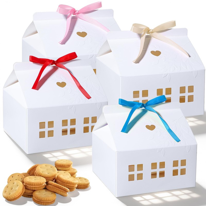 24 PCS House Shaped Gift Boxes With Ribbons White Gable Bakery Candy Box