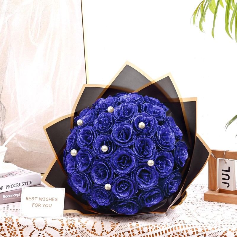 Waipfaru Blue Glitter Roses Bouquet, DIY Fake Flowers 24pcs, gallery