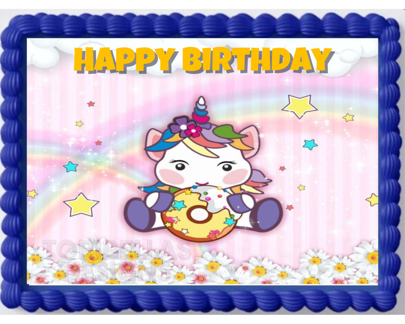 Unicorn & Donuts Edible Image Edible Happy Birthday Cake Topper Sticker Decal