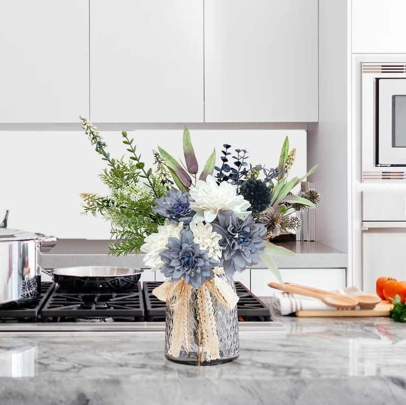 Fake Flowers in Vase, Artificial Flowers Blue Faux Blue and White/Grey Vase gallery