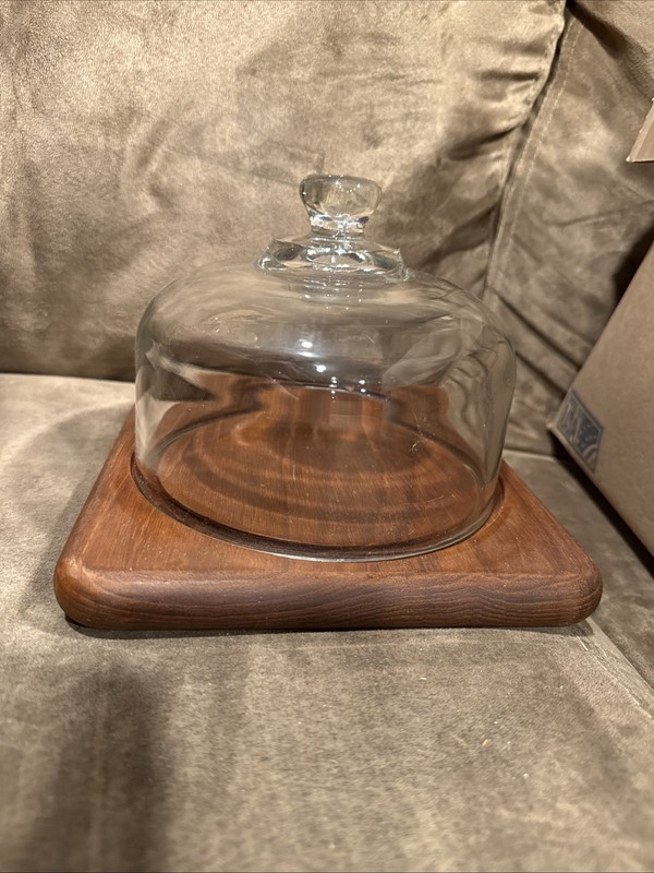 Vintage Goodwood Genuine Teak Wood Cheese Plate With Covered Glass Dome