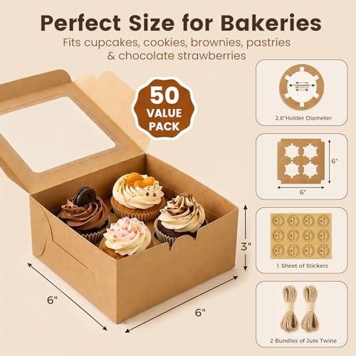 50 Cupcake Boxes with Window, 6x6x3 Inch, Cookie Brown-Sticker A-50pcs gallery