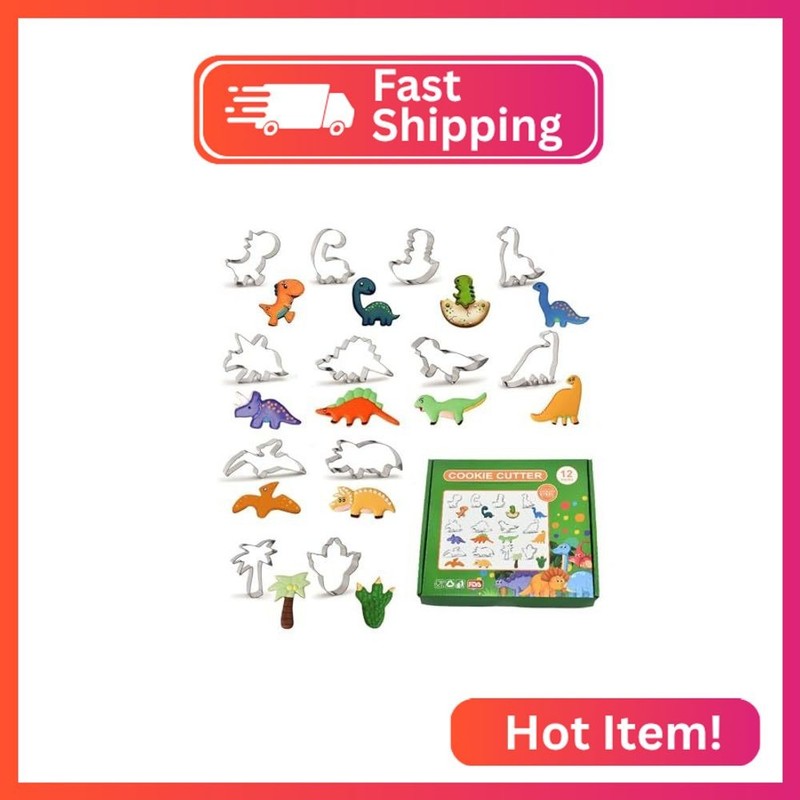12 Pcs Dinosaur Cookie Cutters, Footprint, Eggs,Brontosaurus, Camarasaurus, Steg