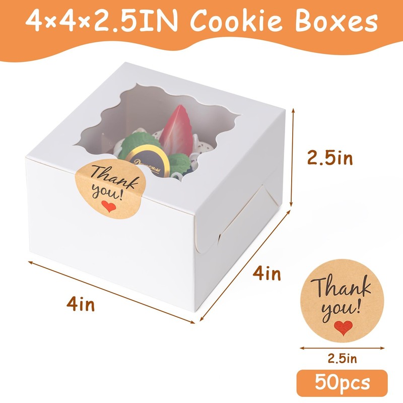 50Pcs Cookie Boxes with Window, 4X4X2.5 Inches Bakery Boxes with 50Pcs Stickers gallery