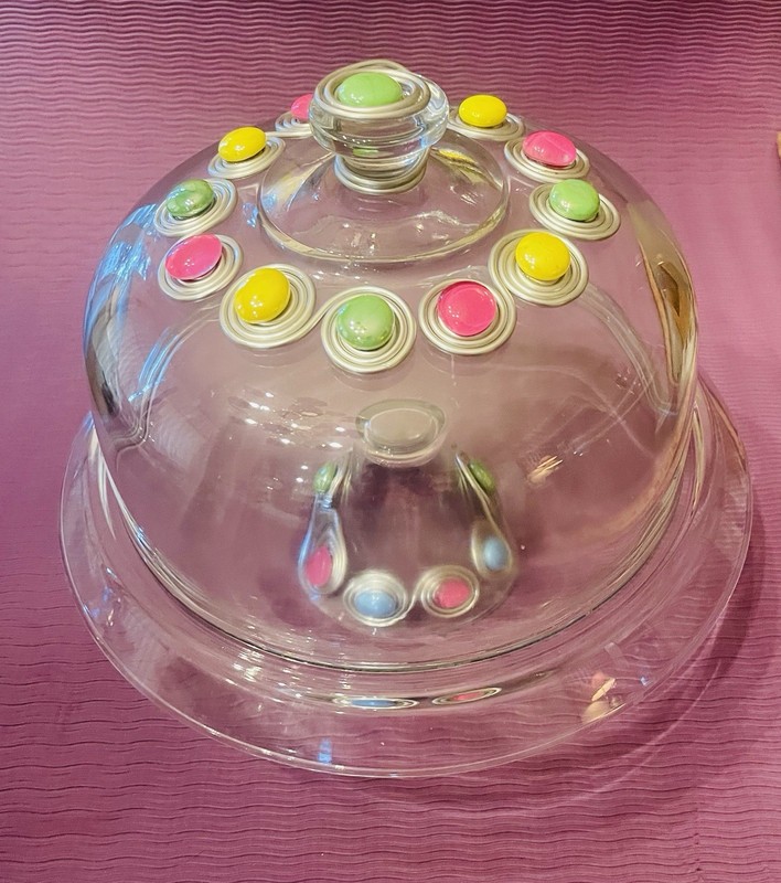 DARY REES CAKEPLATE AND DOMED COVER Vintage, Glass &Jeweled Stones Encased Wire
