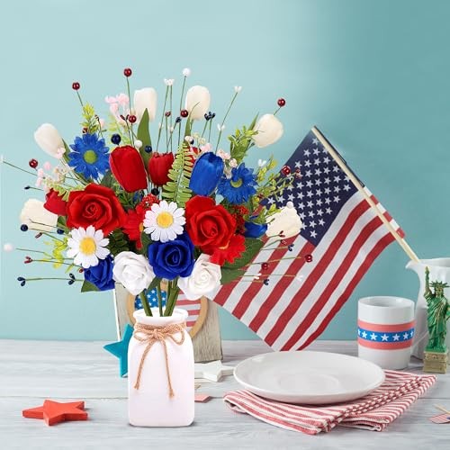 Patriotic Artificial Flowers 6Pcs Memorial Bouquet Fake Red Blue,red and White gallery