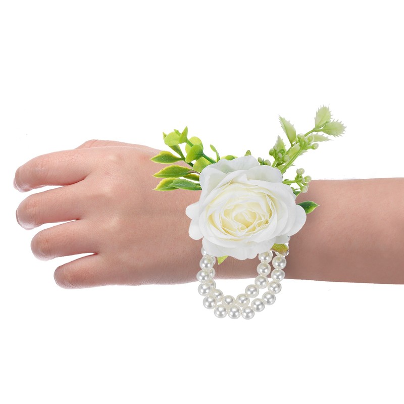 2pcs Wrist Corsage Artificial Flower Bracelets Rose Decorative 12x9cm White