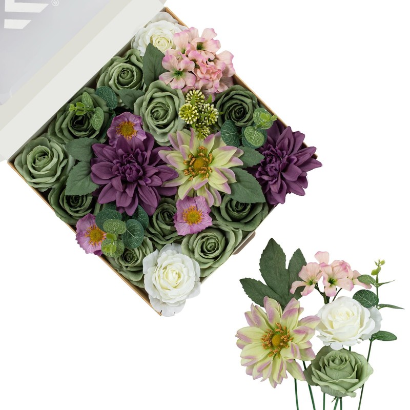 FANKO Artificial Flowers Green Rose, Mixed Combo Fake Silk Flowers White Rose Pu