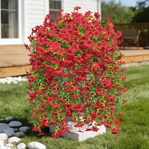4 Pcs Artificial Hanging Flowers for Outdoors, Realistic Faux Silk Flowers Red gallery