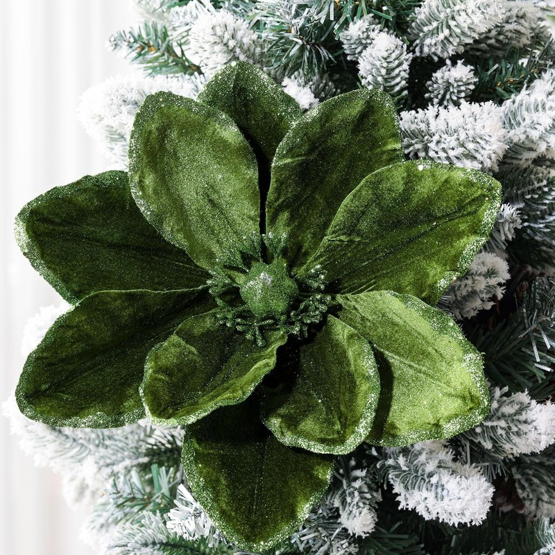 Thiccywoov 8 Large Christmas Magnolia Flowers Tree Decoration 12″ Green Velvet