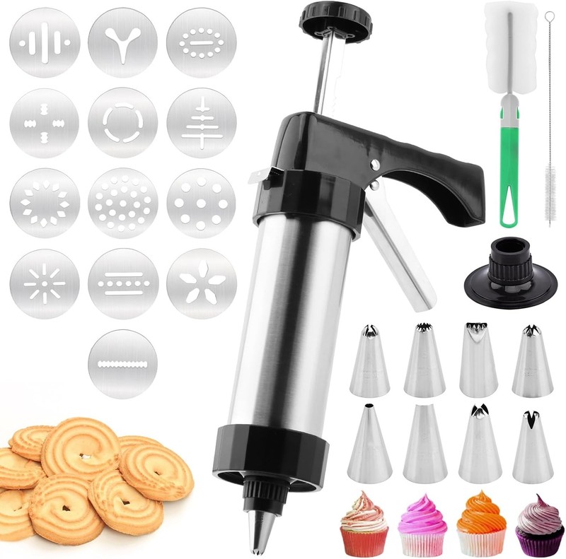 Stainless Steel Cookie Press Gun – 13 Discs & 8 Piping Tips for Baking &