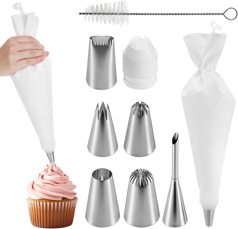 9 PCS Reusable Piping Bags & Tips Set W/ Coupler,16″ Large Pastry Bag Stainless