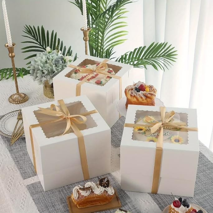 White Cardstock Square Cake Boxes Window Multi Layer Bakery Box 8x8x8 In 10P gallery