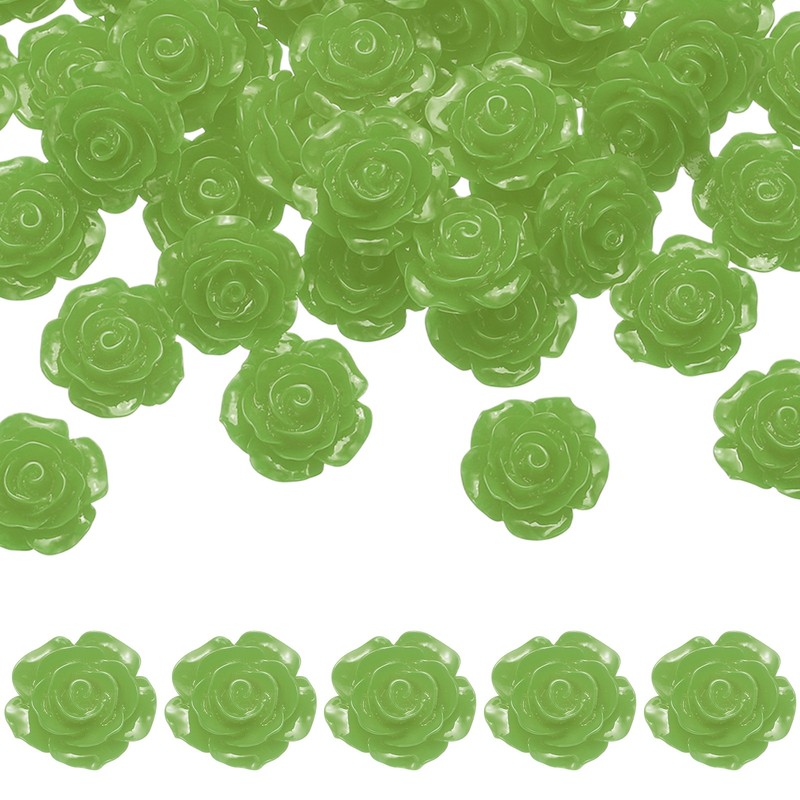 50 Pink Flower Beads Green Resin, 20mm Charm Flat Beads for Decoration