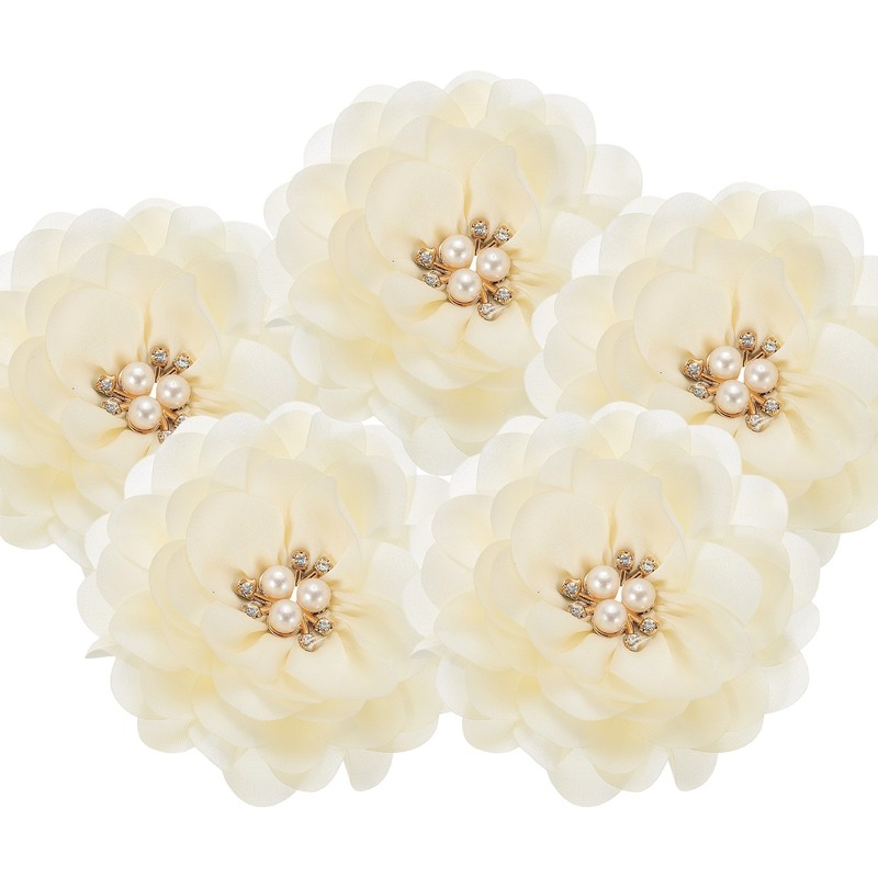 5Pcs 3.15 Inch Rhinestone Chiffon Flower Fabric Appliques Beige White