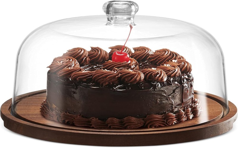 Cake Stand Cake Plate Server Platter W/ Dome Acacia Wood & Shaterproof Acrylic gallery