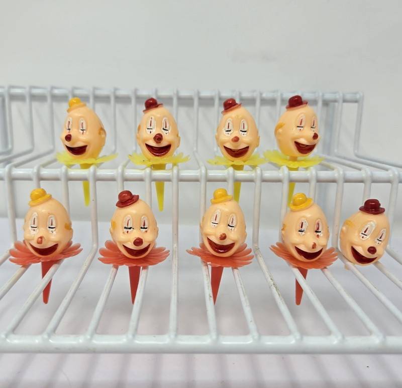 Lot of 9 Vintage CLOWN HEAD Circus Cupcake Toppers Novelty Birthday Cake Decor