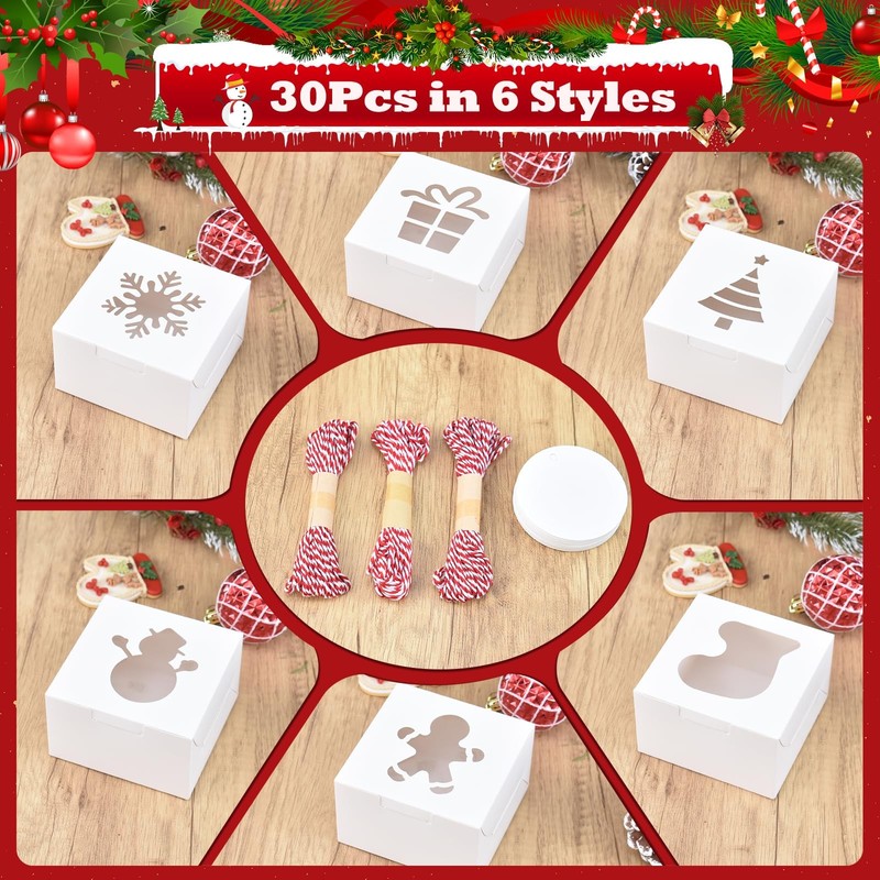 30 PCS Christmas Cookie Boxes Window 4x4x2.5 Inch White Bakery Gift Giving gallery