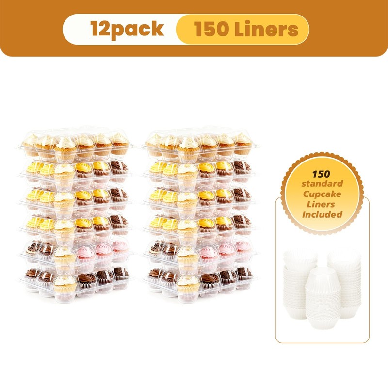 12 CountX12 Pack Cupcake Containers Stackable Carrier with 144 Liners Clear gallery